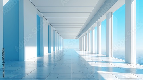 Modern architectural interior with bright white columns and blue sky background  evoking tranquility