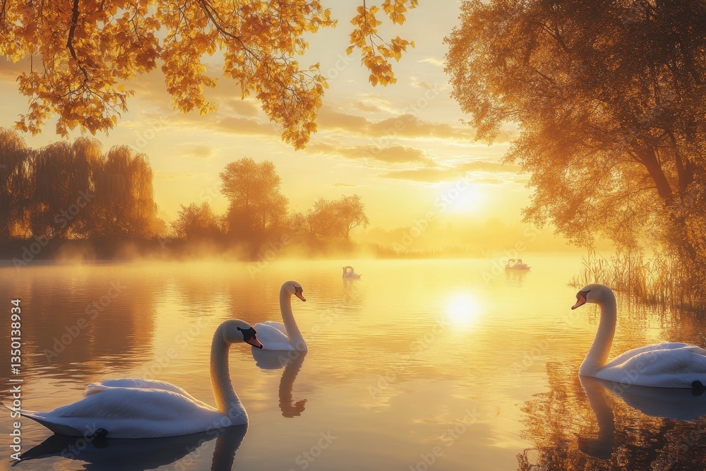 Fototapeta premium Swans swim gracefully in a tranquil lake at sunset, surrounded by autumn foliage