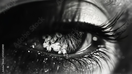 An image of a woman's eye with flowers in it. Black and white light in the eye. Close up of a close up of eyelashes drawing. A picture featuring a woman's eye filled with flowers lifestyle.