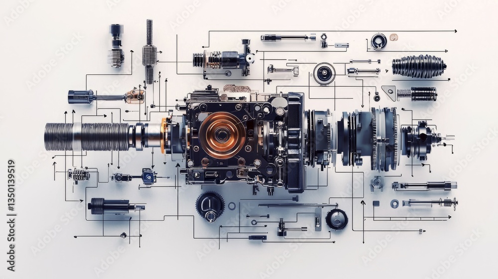 Detailed Illustration of Mechanical Parts and Engine Components Layout Detailed Illustration of Mechanical Parts and Engine Components Layout