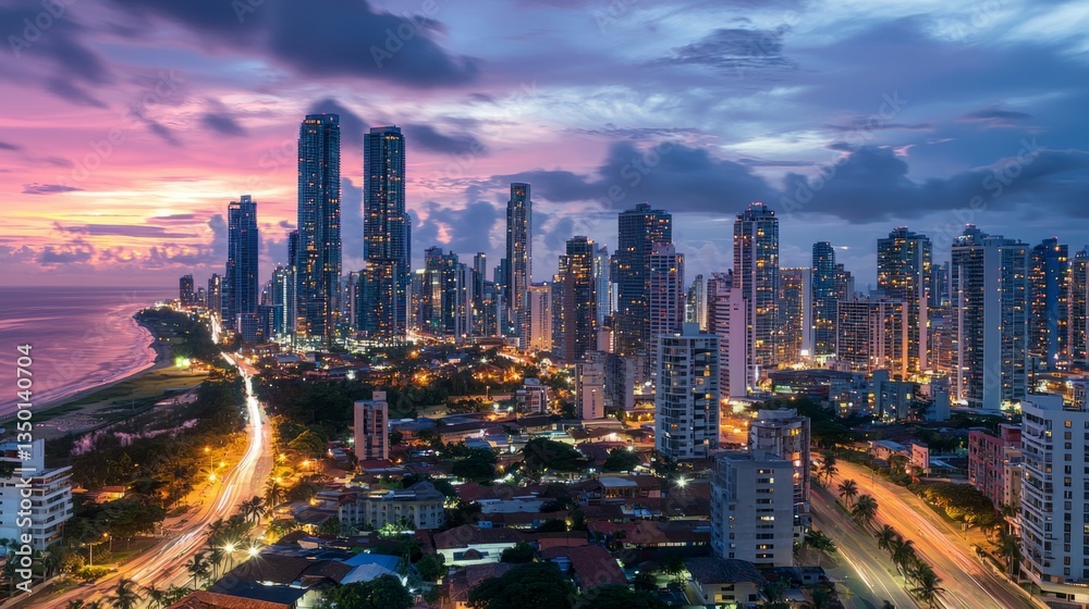 Fototapeta premium Stunning Urban Skyline at Dusk with Vibrant City Lights and Clouds