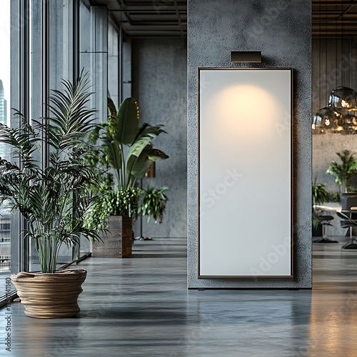 Modern Office Interior with Blank Vertical Signage photo