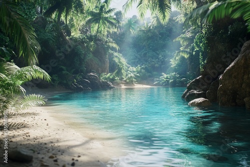 Hidden tropical beach surrounded by lush green jungle photo