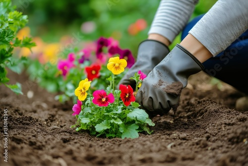Gardener Planting Colorful Flowers in a Lush Garden During Springtime