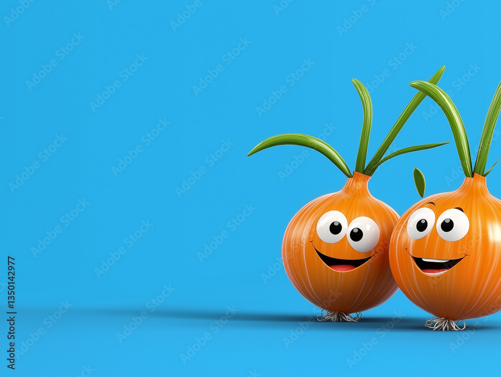 Naklejka premium Bright Smiling Onions Enjoying a Joyful Summer Day Against a Vibrant Blue Background