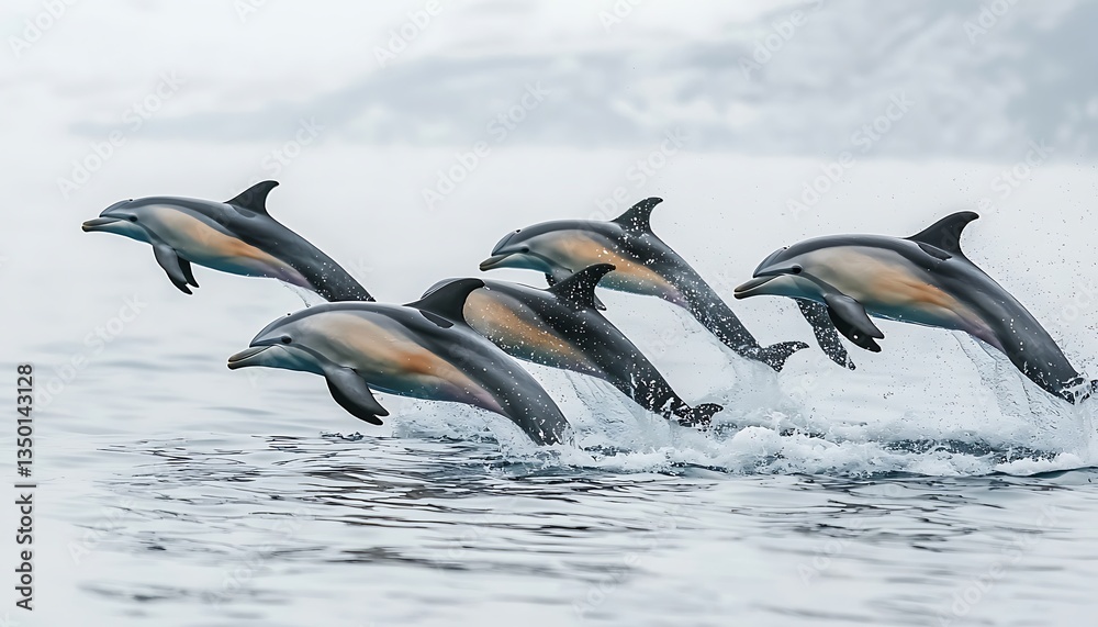 Fototapeta premium Dolphins leaping with ocean, and wildlife.