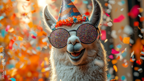 A cheerful llama wearing oversized glasses and a festive hat smiles happily at a confetti-filled party