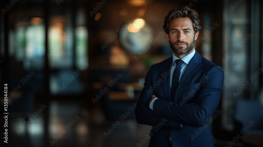 Fototapeta premium Confident Businessman in Dark Blue Suit with Arms Crossed Inside Modern Office Space with Blurred Background Artificial Intelligence Issue