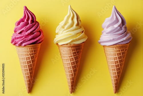 Colorful Ice Cream Cones Arranged on Yellow Background Perfect for Summer Treats