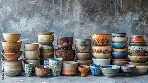 Colorful Collection of Handmade Ceramic Bowls on Rustic Background