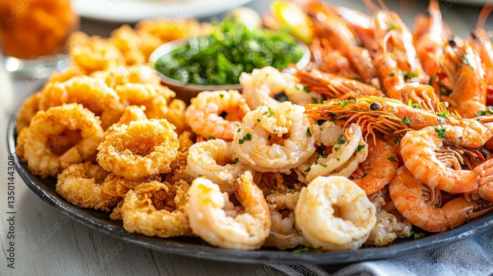 Delicious Seafood Platter with Fried Shrimp, Calamari, and Prawns Delicious Seafood Platter with Fried Shrimp, Calamari, and Prawns