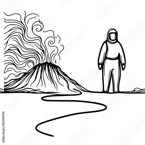 Astronaut observing erupting volcano in minimalist line art , single line drawing