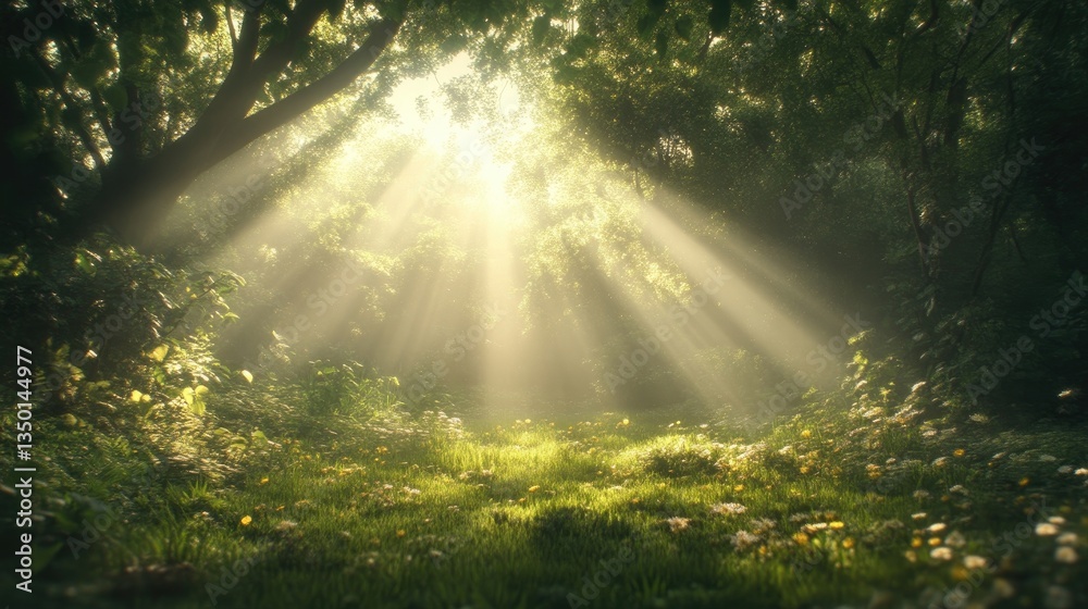 Sunlight streams through a lush forest canopy. A peaceful, vibrant scene of nature's beauty Sunlight streams through a lush forest canopy. A peaceful, vibrant scene of nature's beauty