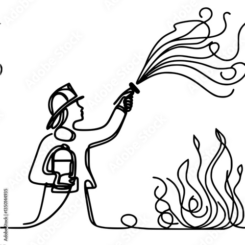Firefighter extinguishing flames in a minimalist line drawing,single line vector 