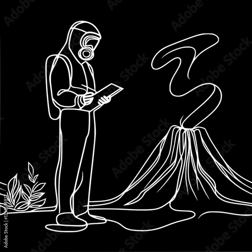 Scientist observing volcano in protective gear against black background,  Simple vector drawing 