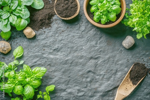 Fresh Herbs Arranged on a Dark Stone Surface With Tools and Soil for Planting