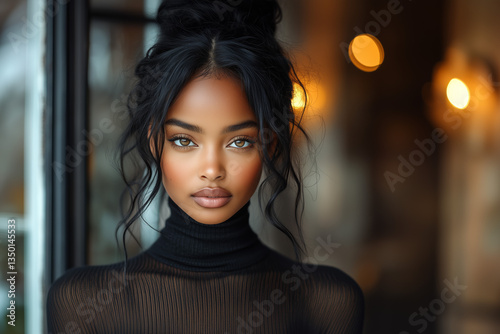 Portrait Of A Young Woman With Freckles In A Black Turtleneck