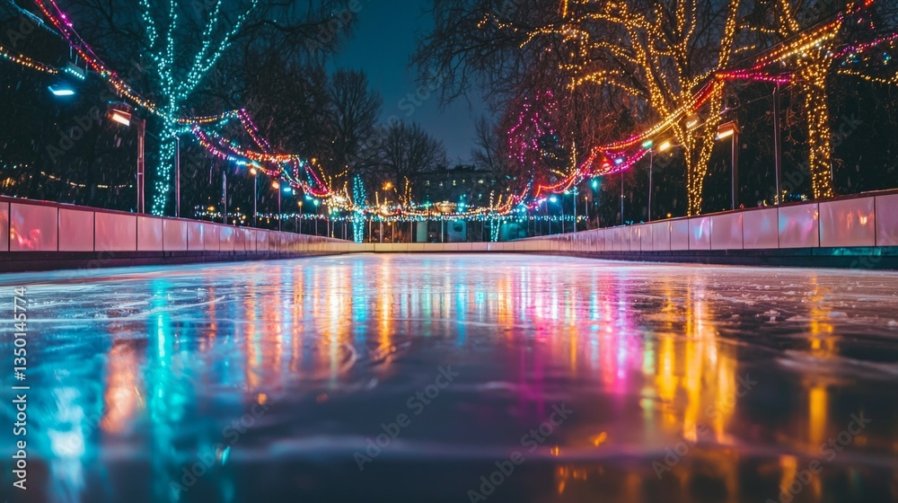 Naklejka premium Ice Skating Rink at Night with Colorful Lights and Reflections