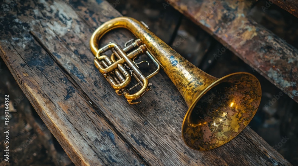 Naklejka premium Antique Brass Trumpet on Rustic Wooden Table Surrounded by Nature