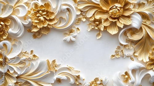 Ornate golden floral motif with delicate lace-like cutouts against a crisp white backdrop