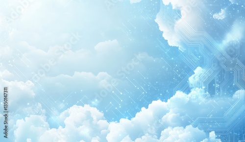 Blue background with clouds and digital technology Cloud computing or online storage concept banner design blue clouds on a light sky background with a circuit board pattern Generative AI