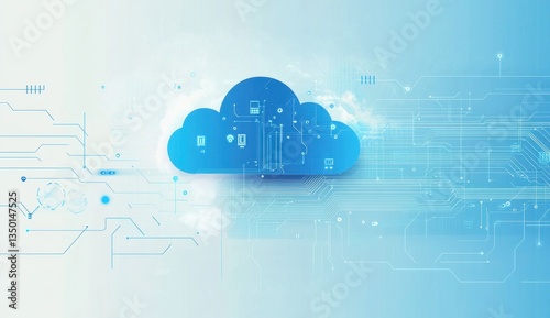 Cloud technology background with circuit board and blue clouds with simple shapes, light sky-blue color palette Generative AI