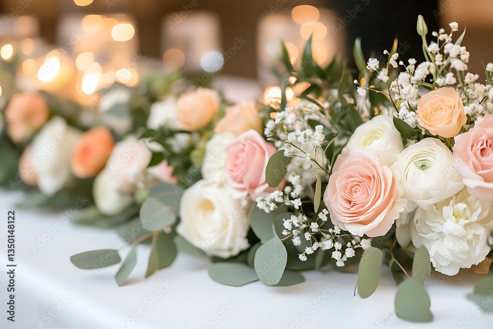 Obraz premium Elegant floral arrangement on table at a wedding reception during evening celebration