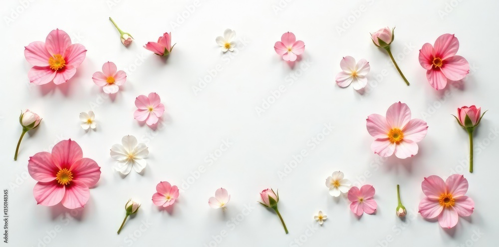 Delicate flowers scattered on a plain white surface create a sense of isolation, arrangement, white, petals