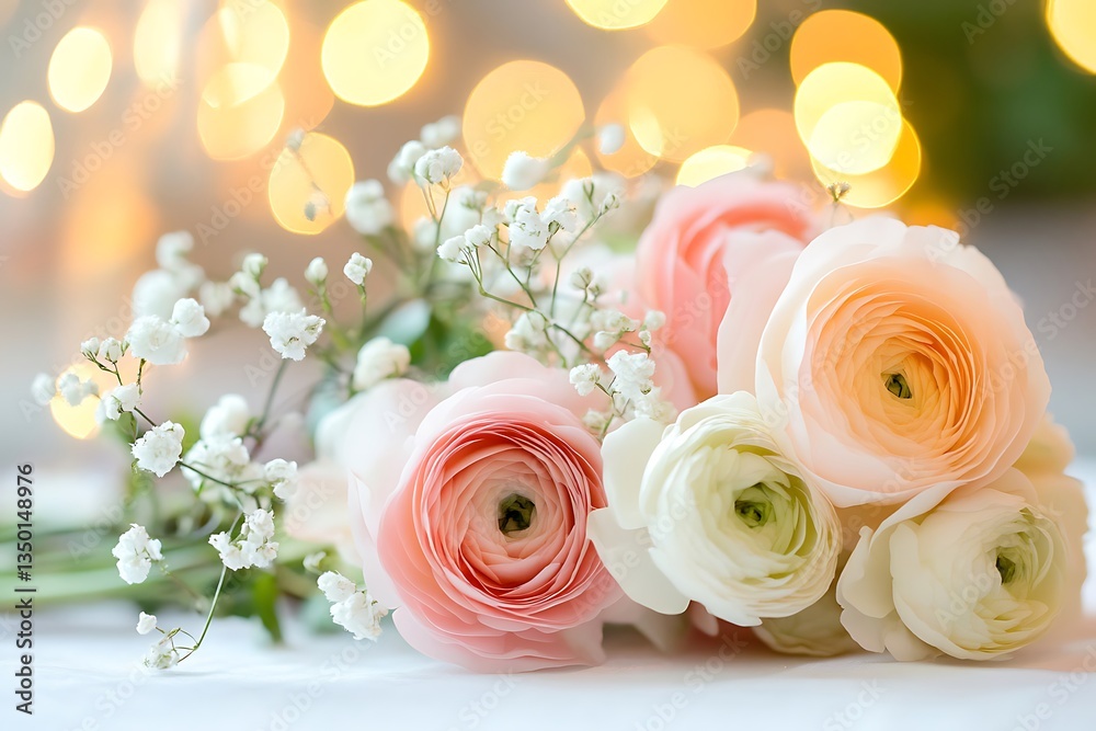 Beautiful arrangement of pastel flowers with soft bokeh lights for a romantic setting Beautiful arrangement of pastel flowers with soft bokeh lights for a romantic setting