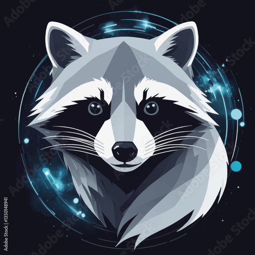Raccoon head illustration in a geometric style with cosmic background  
