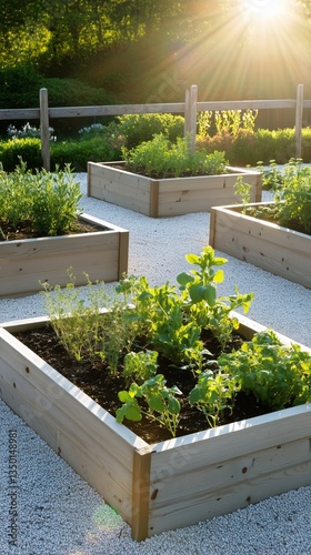 Sunshine Illuminates Vibrant Garden Beds in a Serene Outdoor Space During Lat...