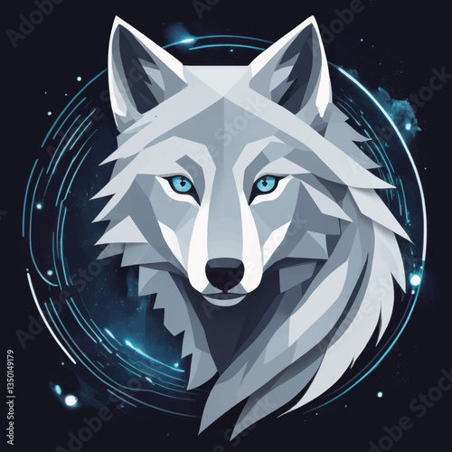 Polygonal wolf illustration against a cosmic background  