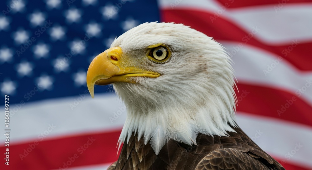 Naklejka premium A striking national symbol—an eagle with the stars and stripes in the background.
