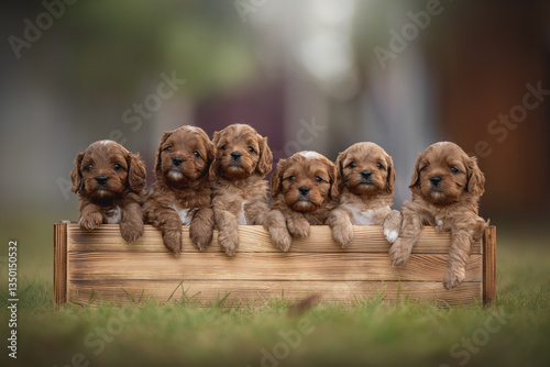 A group of six playful cavapoo puppies rests contentedly in a wooden box, surrounded by vibrant green grass and soft sunlight, exuding charm and cuteness. Their curly fur adds to the delightful sight