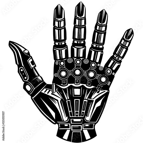 A robotic hand reaching out, detailed mechanical fingers in a sleek silhouette style 
