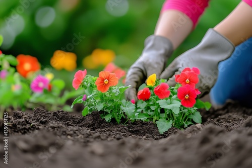 Gardener Planting Colorful Flowers in a Lush Garden During Springtime