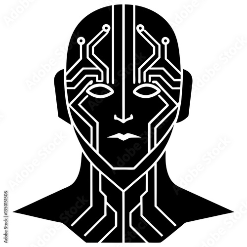 An AI-powered cyborg head with circuits and futuristic design, sleek black silhouette