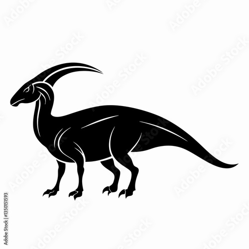 black silhouette of a Parasaurolophus, standing in a majestic stance with its long, 