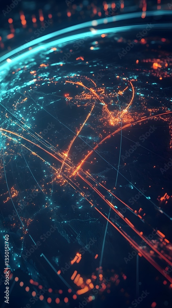 Naklejka premium Futuristic global transportation network with dynamic digital pathways