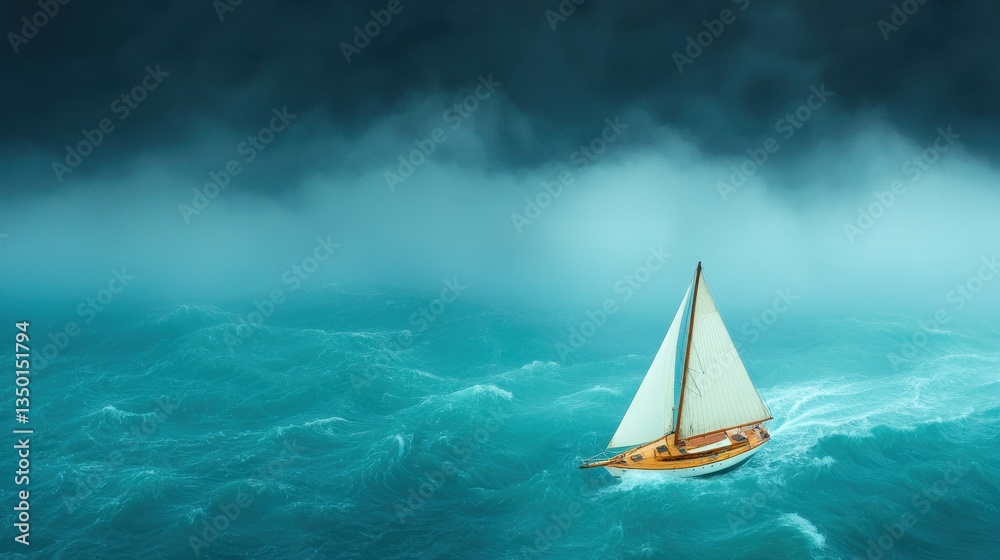 Fototapeta premium Sailing Boat in Stormy Seas: Courageous Voyage Through Turbulent Waters Under Threatening Clouds