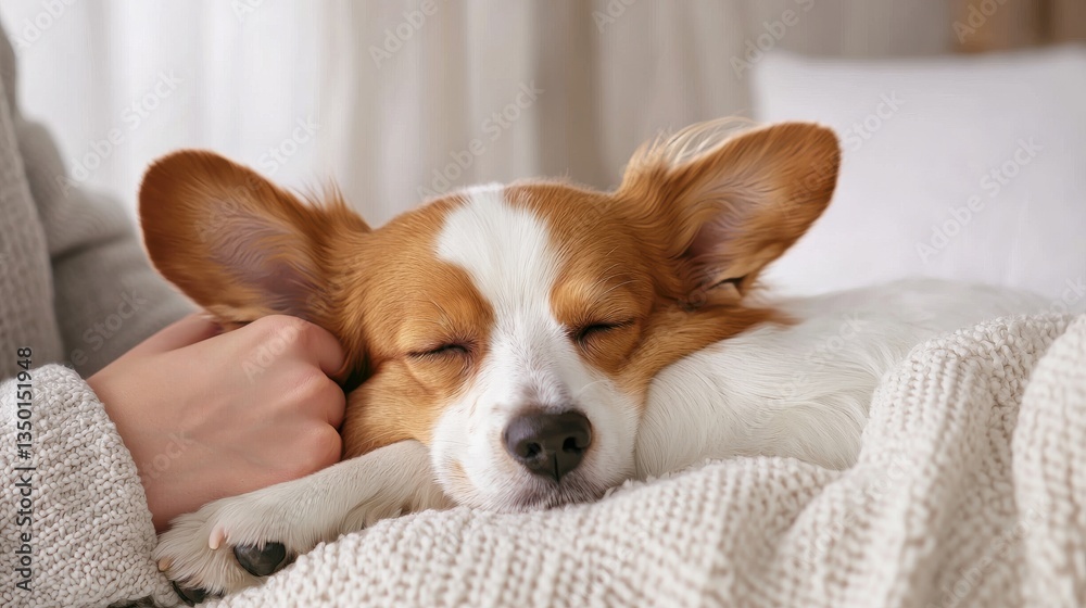 Peaceful Corgi Dog Relaxing Asleep on Soft Blanket Next to Person's Hand, Calm Pet Time Indoors Peaceful Corgi Dog Relaxing Asleep on Soft Blanket Next to Person's Hand, Calm Pet Time Indoors