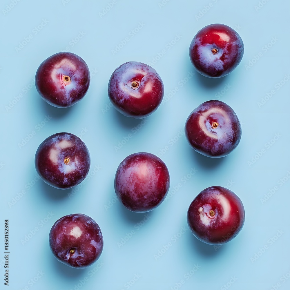 Juicy plums arranged on a soothing powder blue background Juicy plums arranged on a soothing powder blue background