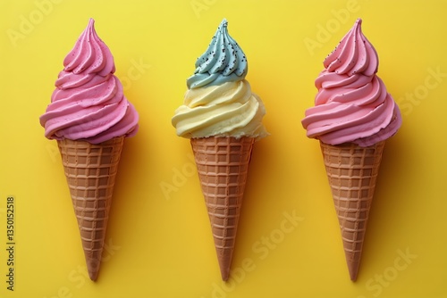 Colorful Ice Cream Cones Arranged on Yellow Background Perfect for Summer Treats