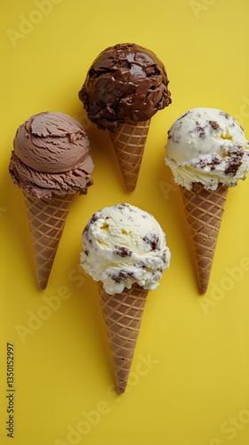 Delicious Chocolate Chip Ice Cream Scoops Served in a Crispy Waffle Cone on a...