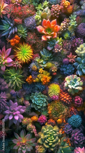 Vibrant Collection of Succulents in Various Colors and Shapes Displayed in Na...
