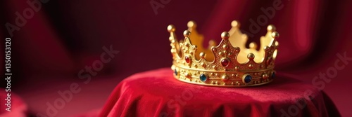 Delicate golden crown sits atop a velvet cushion, precious, regalia
