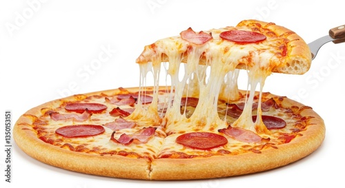 Wallpaper Mural A pepperoni pizza with bacon and a slice being lifted with a metal spatula showing stringy cheese Torontodigital.ca