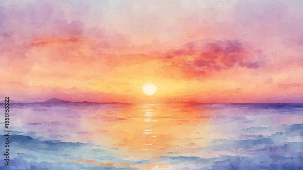 Naklejka premium Serene Ocean Sunset Vibrant Watercolor Painting of Coastal Landscape