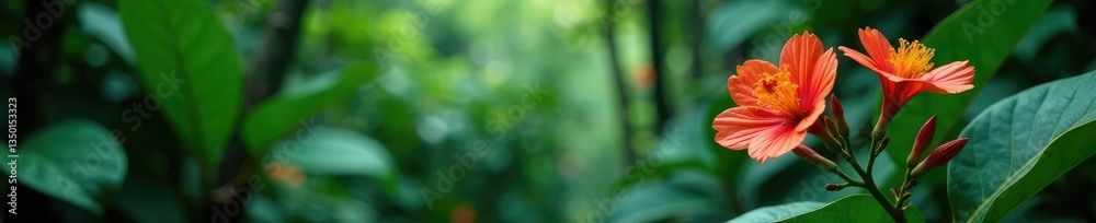 Colorful flowers on a small tree bloom in the shade of a dense tropical forest, shaded area, tropical vegetation Colorful flowers on a small tree bloom in the shade of a dense tropical forest, shaded area, tropical vegetation