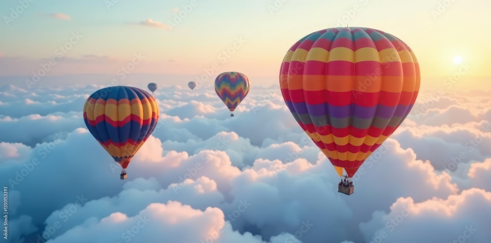Fototapeta premium Colorful hot air balloons drift across clouds, puffy, balloons